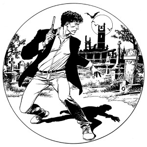Illustrazione di Claudio Villa per una locandina di Dylan Dog (1989). Lo stesso disegno è stato riutilizzato per un “badge” prodotto dalla Sergio Bonelli Editore (1990) e per la copertina dell’agenda di Dylan Dog (1992)