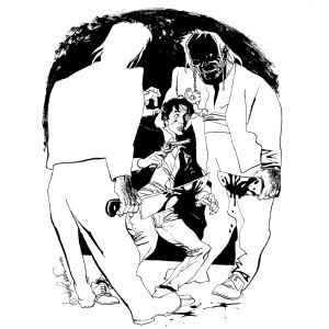 Dylan Dog contro Jack lo Squartatore: illustrazione di Giampiero Casertano dal catalogo "Thrilling fra brivido e mistero" (Glamour Internatonal, 1988)