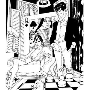 Dylan Dog con Gloria Swanson, illustrazione di Piero Dall'Agnol dall'albo "Femmine fatali" uscito in allegato al volume "Io, Dylan e le donne" (Glamour International, 1990)
