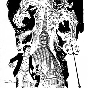 Dylan Dog e Groucho a Torino: illustrazione di Luigi Piccatto per "Stampa Sera" (1990)
