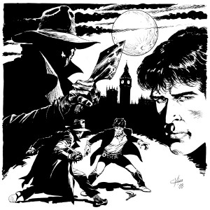 Dylan Dog contro Jack lo Squartatore: illustrazione di Claudio Villa dal catalogo "Thrilling fra brivido e mistero" (Glamour International, 1988)